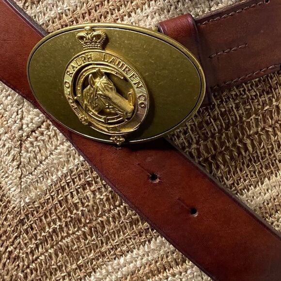 Ralph Lauren Made in England Vintage Brass Horse Head Crown Buckle Leather Belt - Picture 9 of 16